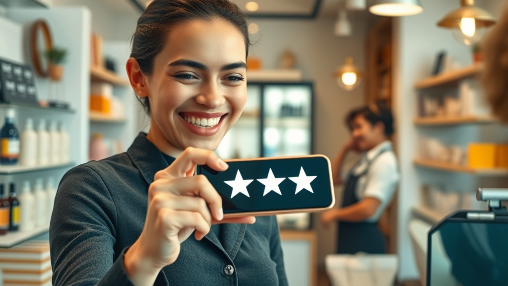 Satisfied customer giving a five-star review on smartphone to improve business