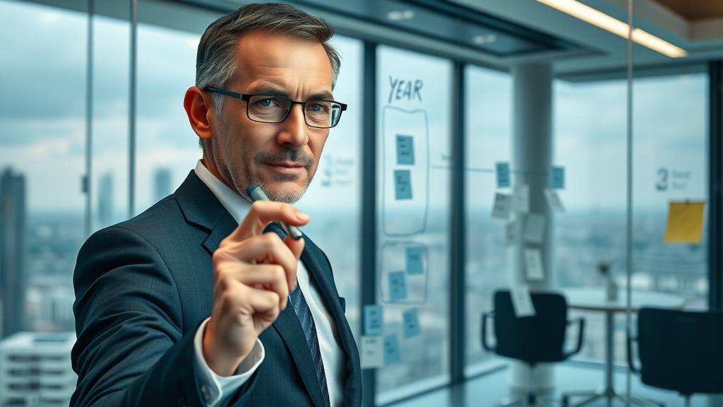 Business leader developing a long-term online reputation management strategy on a glass board