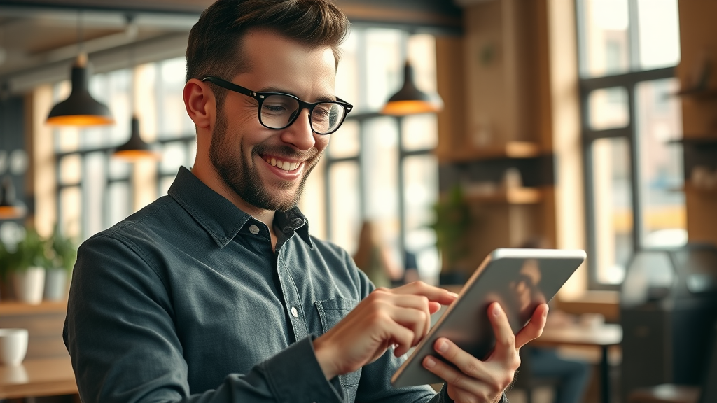 Satisfied modern business owner checking positive online customer reviews to improve online reputation
