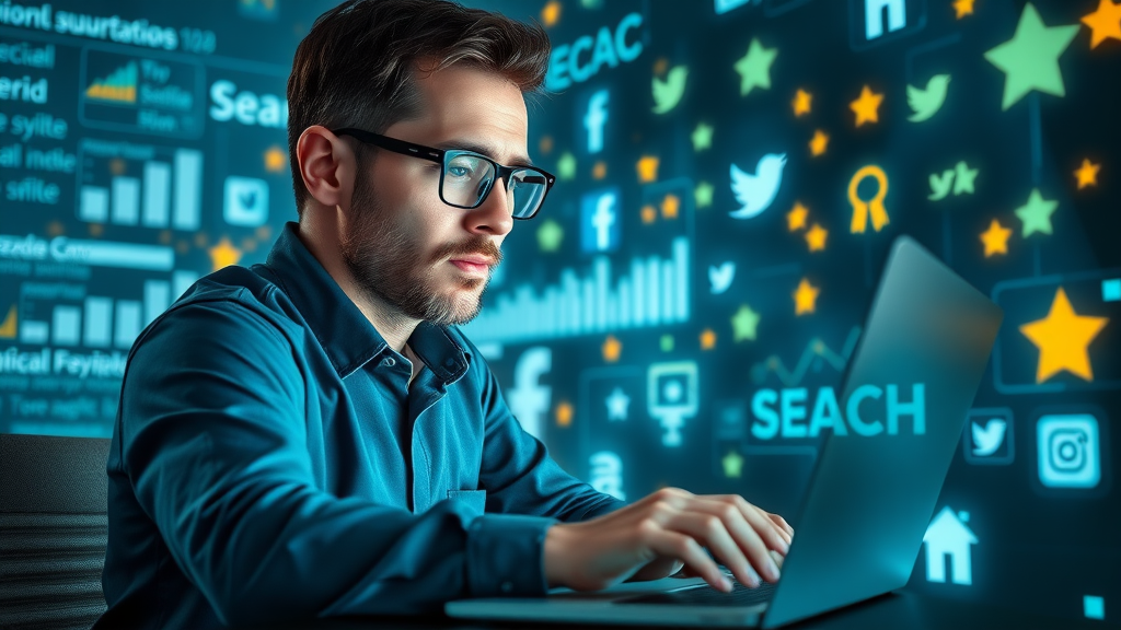 SEO specialist working on search engine optimization and social media strategies for online reputation management