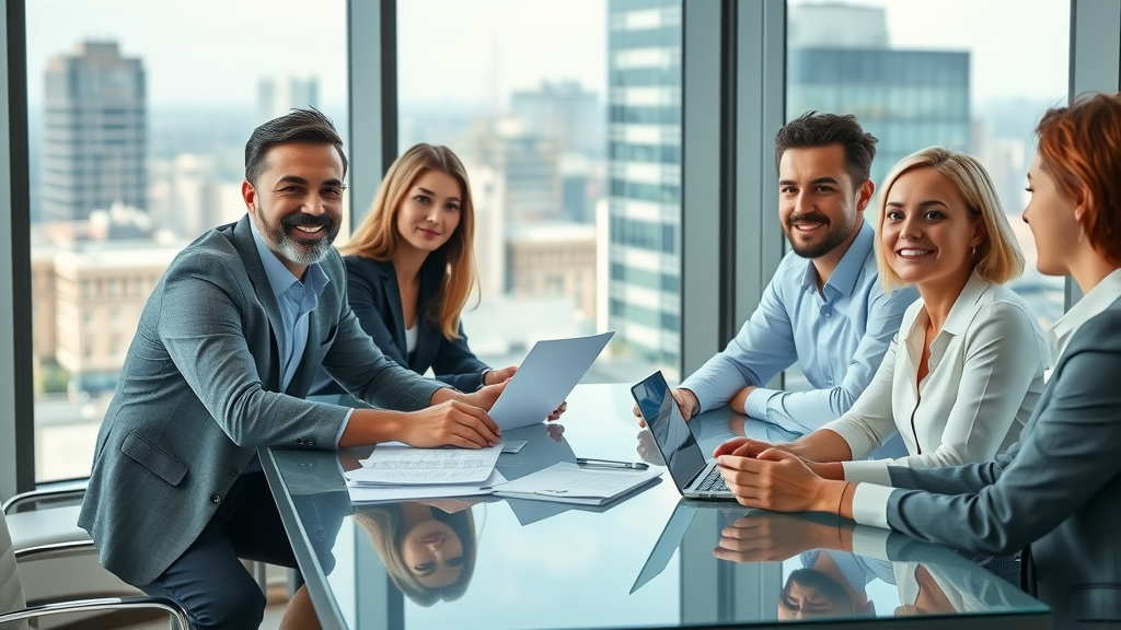 Confident professional business team discussing online reputation management strategies to take the lead over the competition